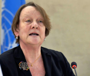 Jane Connors, Director of the Research and Right to Development Division at the Office of the United Nations High Commissioner for Human Rights speaks at a 28th Session at the Human Rights Council on the occasion of the International Day for the Elimination of Racial Discrimination. 20 March 2015. UN Photo / Jean-Marc Ferré